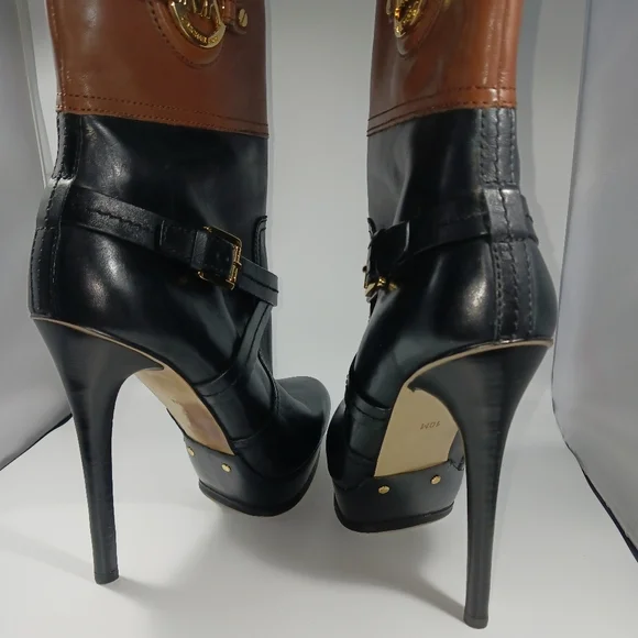 *Michael Kors Stockard Bootie Dark Brown/Black 5" Heel Sz 10M Gold Side Zipper - Picture 4 of 14
